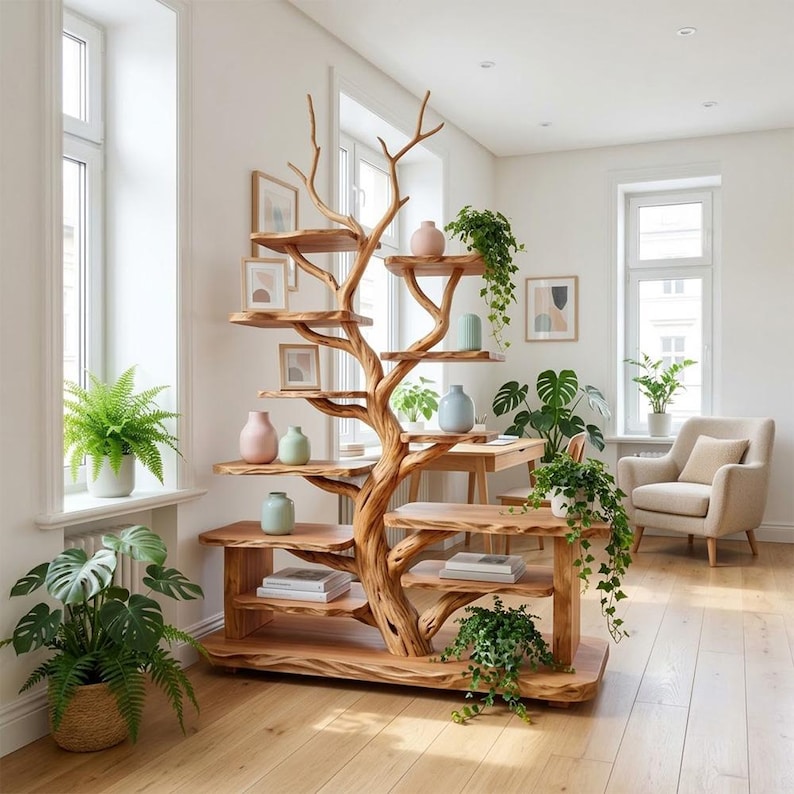 Tree Branch Freestanding Display Shelf | Rustic Wood Floor Bookcase