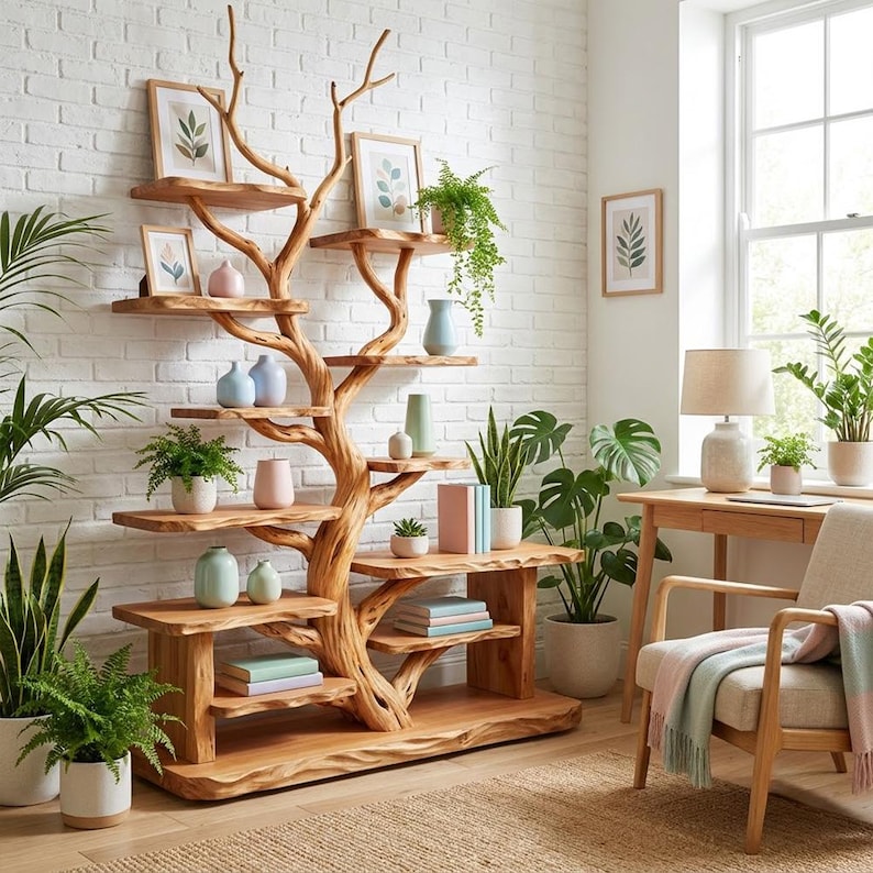 Tree Branch Freestanding Display Shelf | Rustic Wood Floor Bookcase
