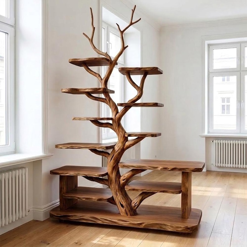 Tree Branch Freestanding Display Shelf | Rustic Wood Floor Bookcase