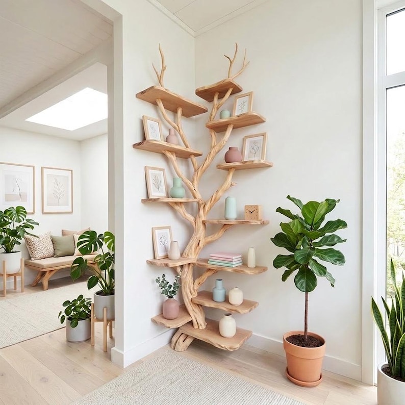 Corner Tree Branch Floor Shelf | Rustic Wood Corner Bookcase