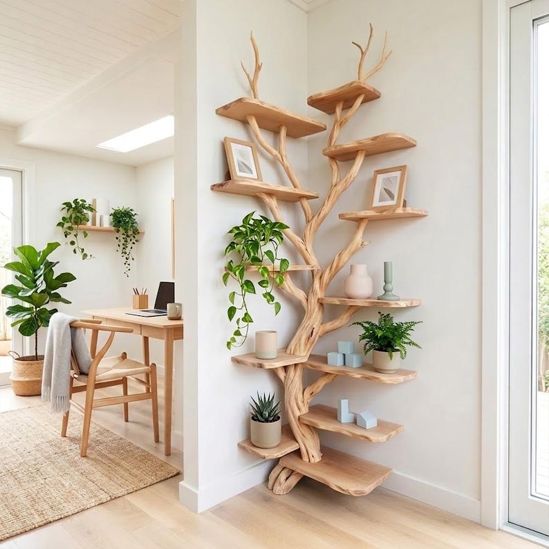 Corner Tree Branch Floor Shelf | Rustic Wood Corner Bookcase