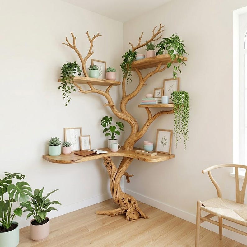 Rustic Corner Tree Shelf | Standing Tree Stump Floor Bookcase