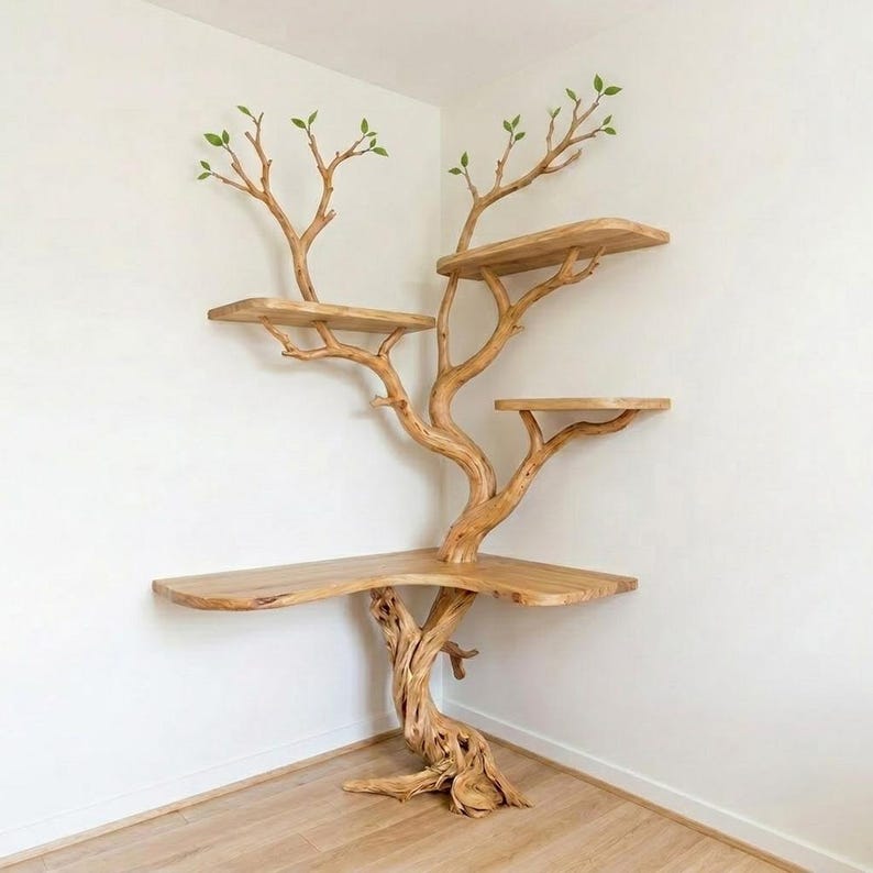 Rustic Corner Tree Shelf | Standing Tree Stump Floor Bookcase