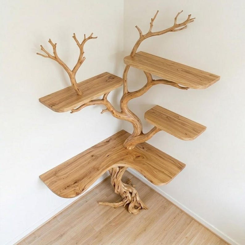 Rustic Corner Tree Shelf | Standing Tree Stump Floor Bookcase
