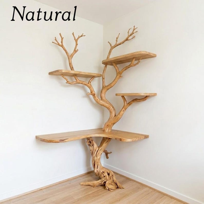 Rustic Corner Tree Shelf | Standing Tree Stump Floor Bookcase