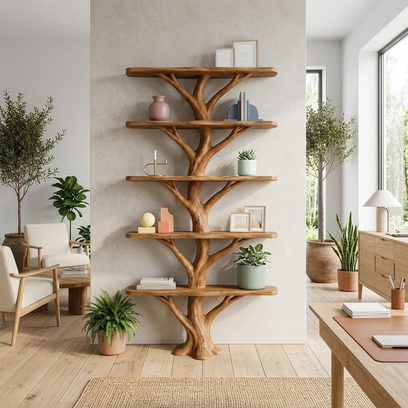 Rustic Tree Branch Floor Bookshelf | Solid Wood Bookcase Stand