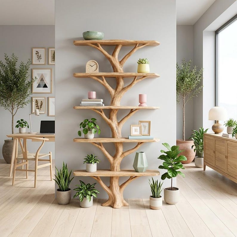 Rustic Tree Branch Floor Bookshelf | Solid Wood Bookcase Stand