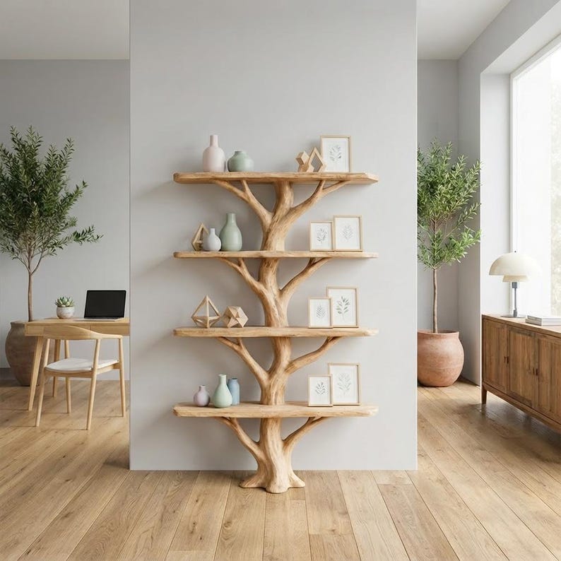 Rustic Tree Branch Floor Bookshelf | Solid Wood Bookcase Stand