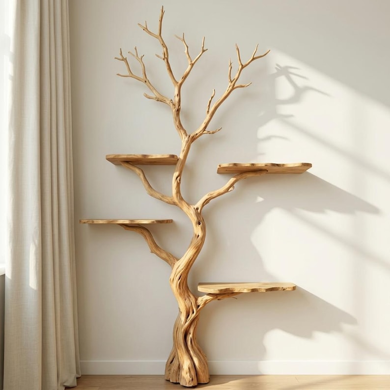Tree Branch Floor Bookshelf | Unique Driftwood Live Edge Shelf