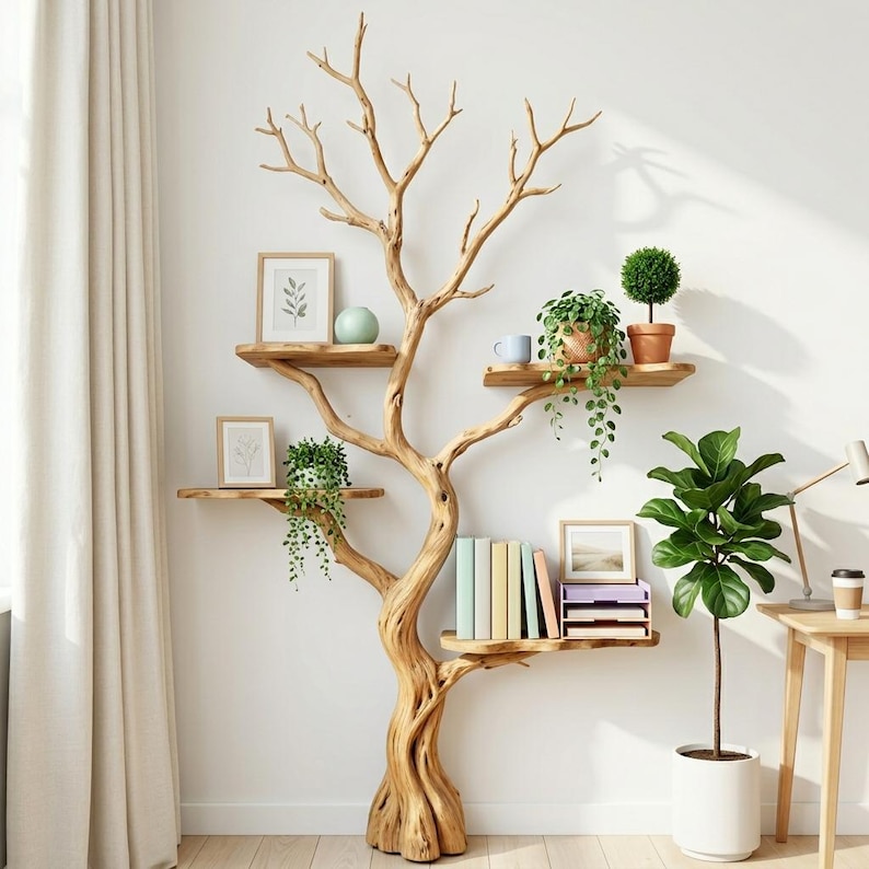 Tree Branch Floor Bookshelf | Unique Driftwood Live Edge Shelf