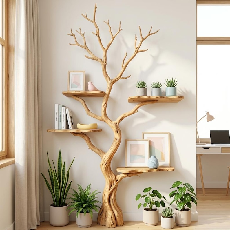 Tree Branch Floor Bookshelf | Unique Driftwood Live Edge Shelf