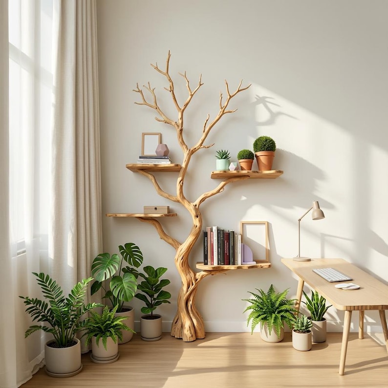 Tree Branch Floor Bookshelf | Unique Driftwood Live Edge Shelf
