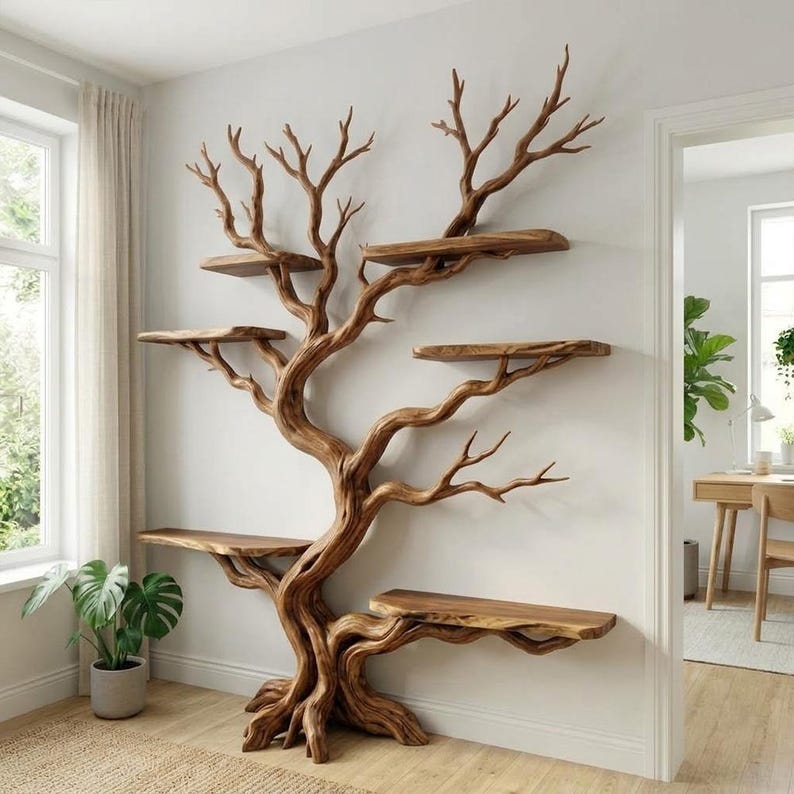 Tree Branch Book Storage Shelf | Tall Rustic Wood Bookcase