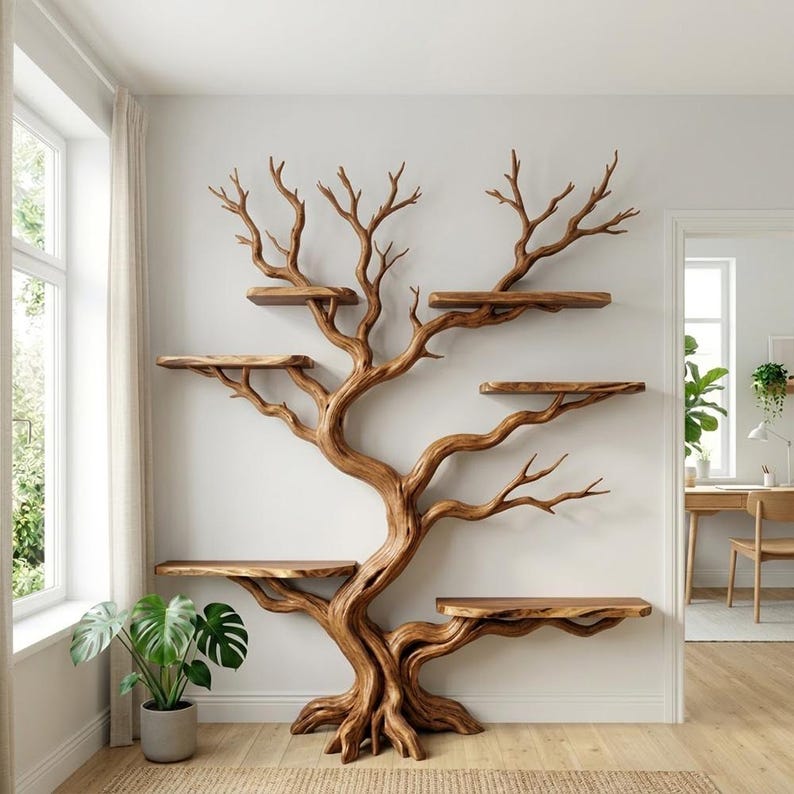 Tree Branch Book Storage Shelf | Tall Rustic Wood Bookcase
