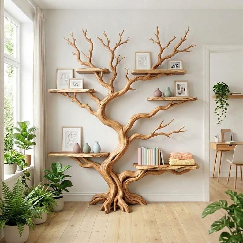 Tree Branch Book Storage Shelf | Tall Rustic Wood Bookcase