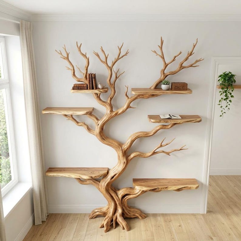 Tree Branch Book Storage Shelf | Tall Rustic Wood Bookcase