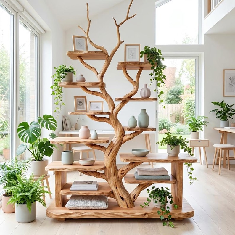 Tree Branch Freestanding Display Shelf | Rustic Wood Floor Bookcase