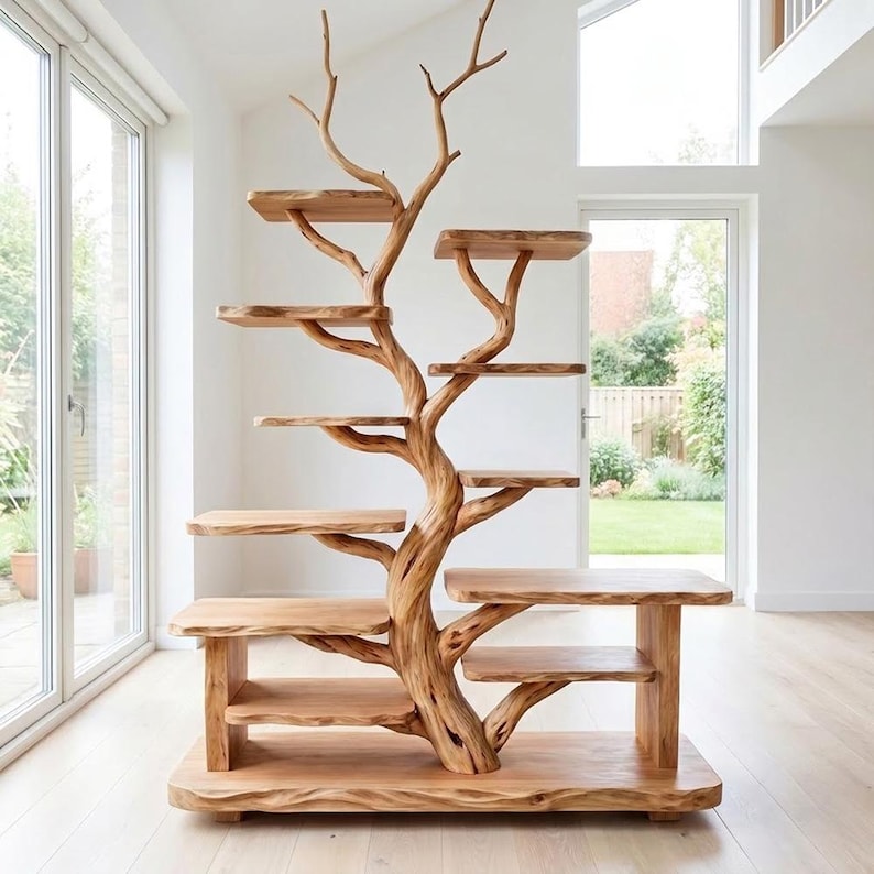 Tree Branch Freestanding Display Shelf | Rustic Wood Floor Bookcase