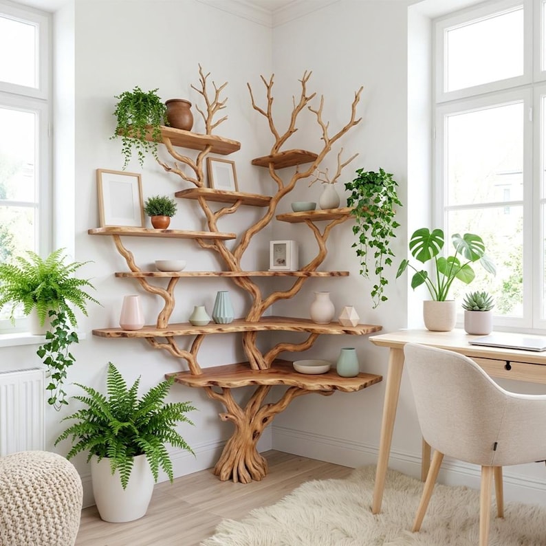 Natural Tree Branch Tall Corner Shelf | Rustic Driftwood Floor Bookcase