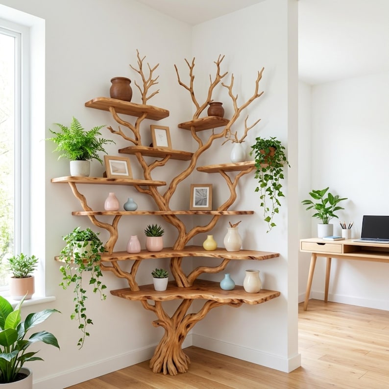 Natural Tree Branch Tall Corner Shelf | Rustic Driftwood Floor Bookcase