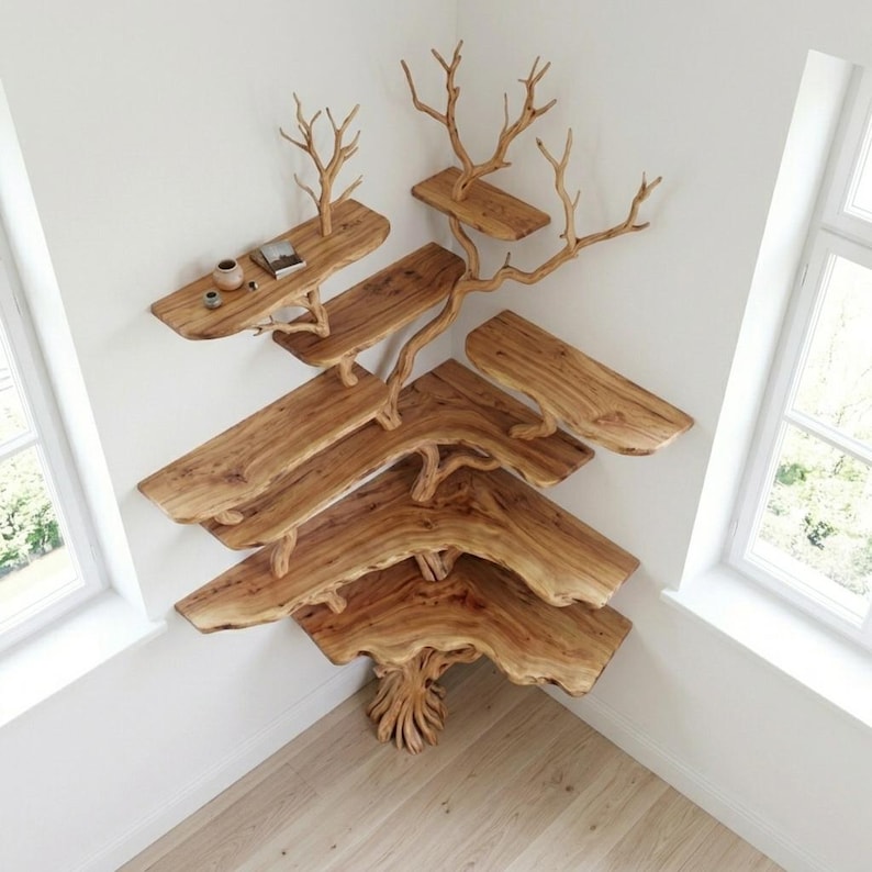 Natural Tree Branch Tall Corner Shelf | Rustic Driftwood Floor Bookcase