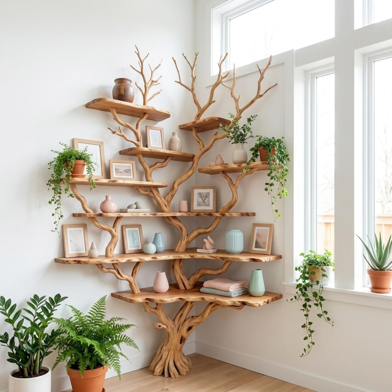Natural Tree Branch Tall Corner Shelf | Rustic Driftwood Floor Bookcase