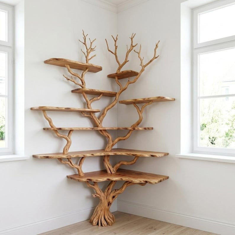 Natural Tree Branch Tall Corner Shelf | Rustic Driftwood Floor Bookcase