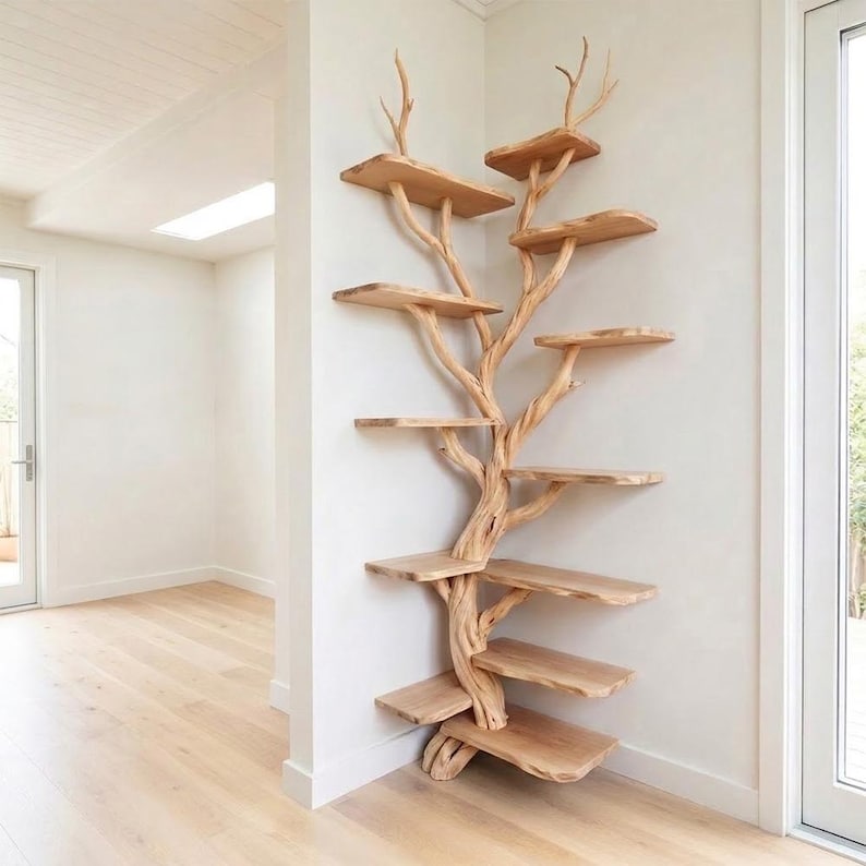 Corner Tree Branch Floor Shelf | Rustic Wood Corner Bookcase