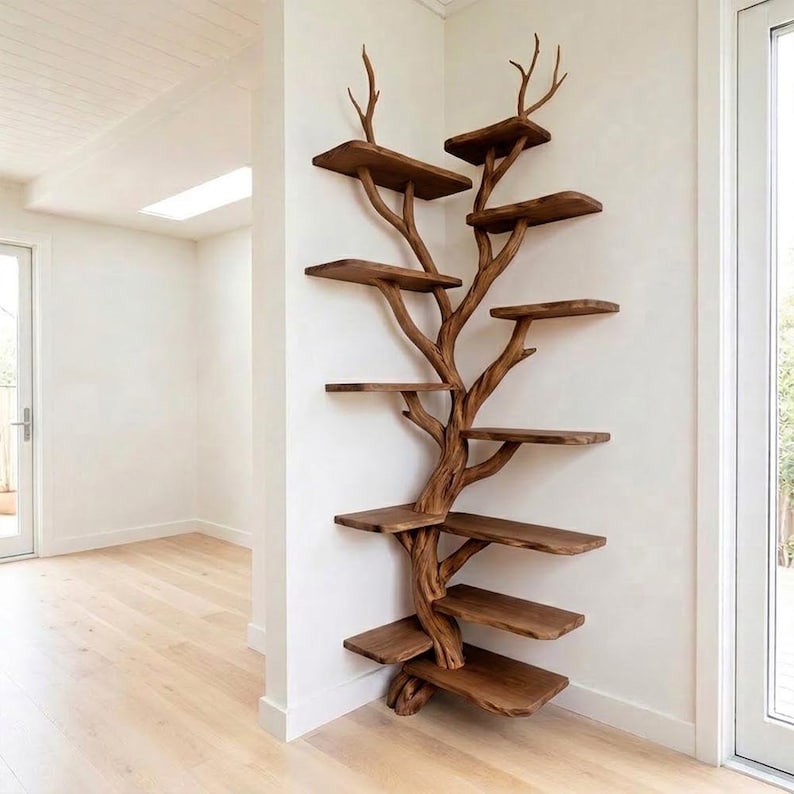 Corner Tree Branch Floor Shelf | Rustic Wood Corner Bookcase