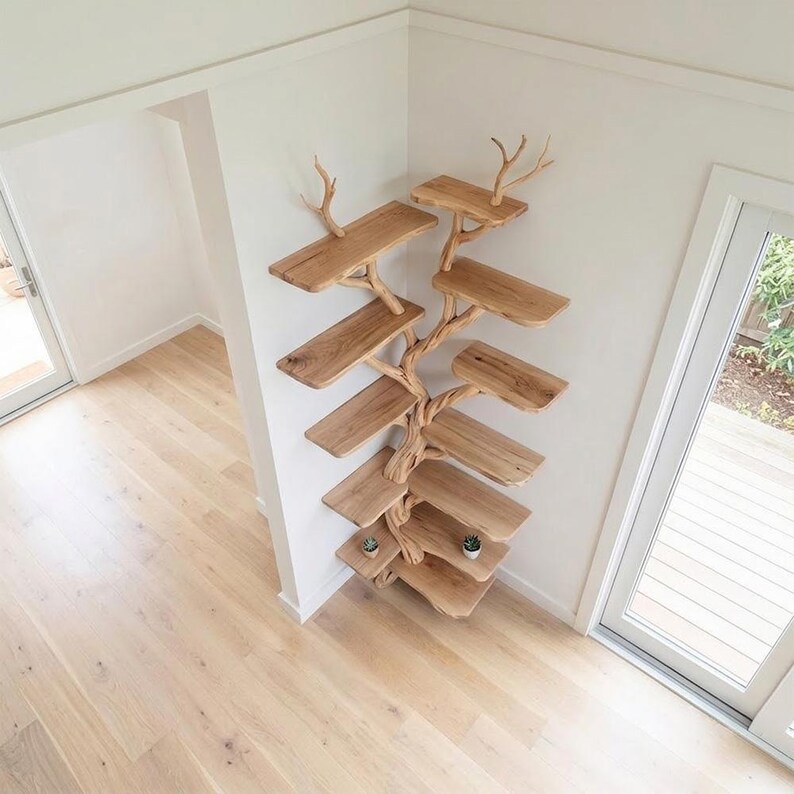 Corner Tree Branch Floor Shelf | Rustic Wood Corner Bookcase