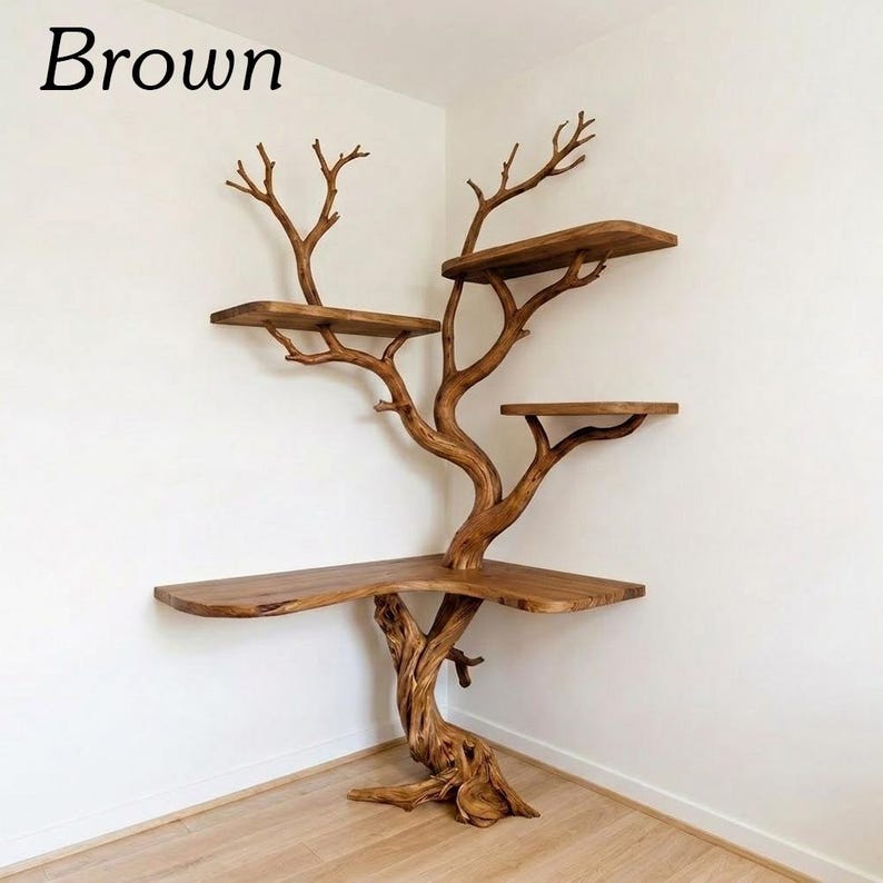 Rustic Corner Tree Shelf | Standing Tree Stump Floor Bookcase