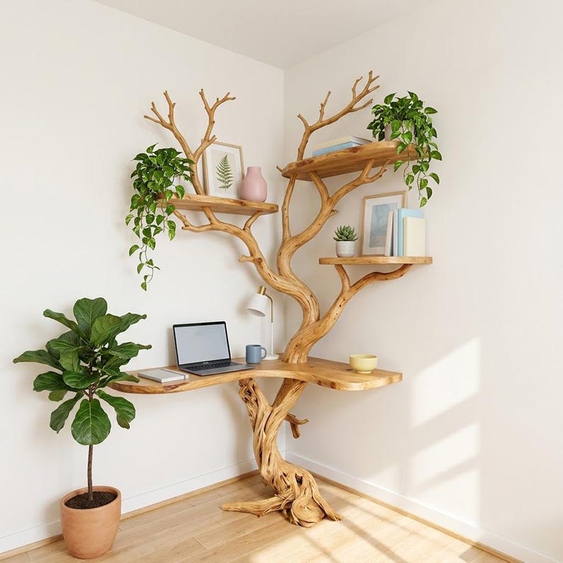 Rustic Corner Tree Shelf | Standing Tree Stump Floor Bookcase